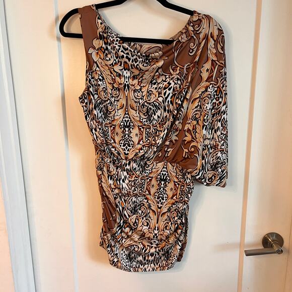 Cache Brown Leopard Print One Shoulder Blouson Mini Dress Large - Picture 2 of 7
